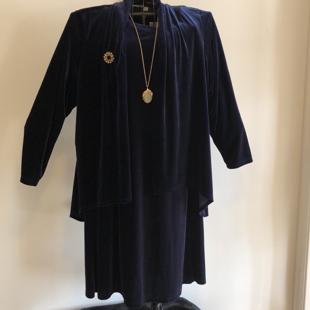 2pc Susan Graver Navy Blue Velour Velvet Jacket & matching Dress. Gorgeous se